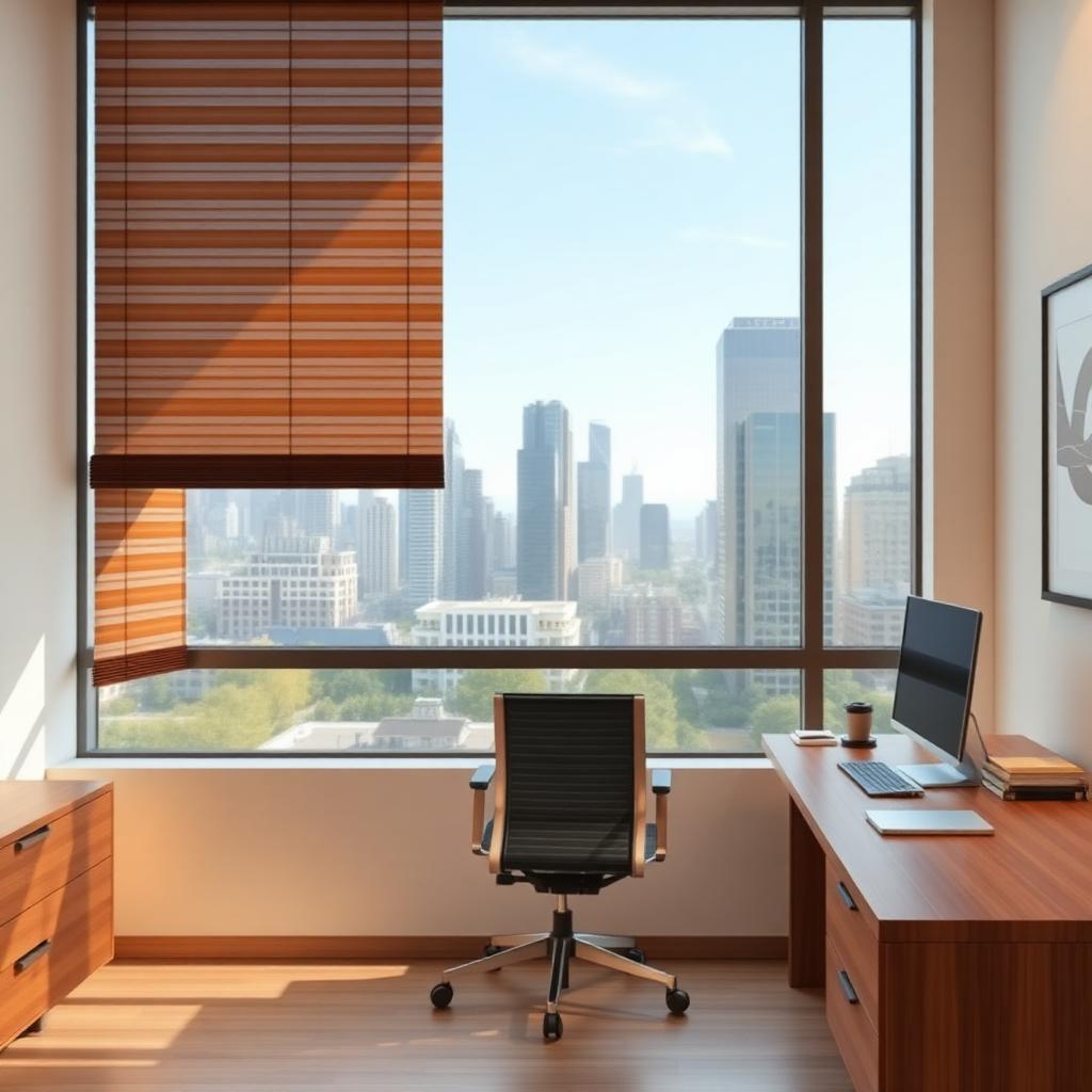 Home office com persianas de madeira