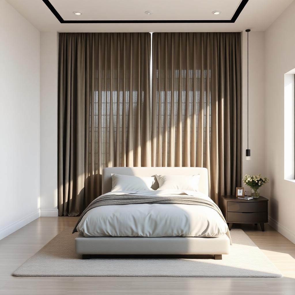 Quarto elegante com cortinas blackout